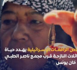 رصاص الرافعات الإسرائيلية يهدد حياة العائلات النازحة قرب مجمع ناصر الطبي في خان يونس