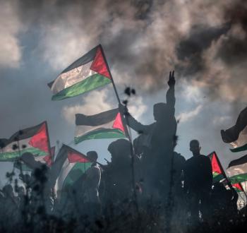 فلسطينيون يرفعون علم فلسطين وشارة النصر خلال تظاهرة شعبية على حدود قطاع غزة.jpg