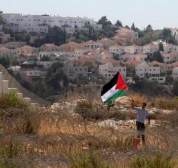 شاب يحمل علم فلسطين قبالة مستوطنة إسرائيلية في الضفة الغربية.jpg