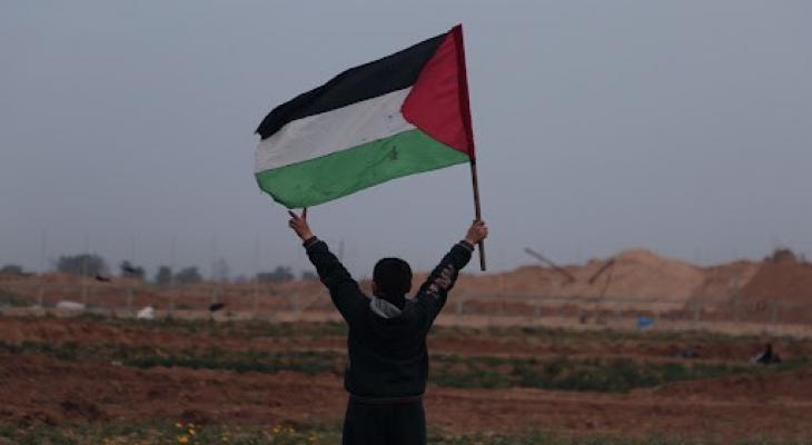 طفل فلسطيني يرفع علم فلسطين على حدود غزة.jpg