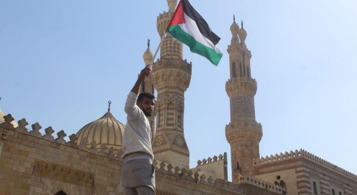 شاب مصري يرفع علم فلسطين في الأزهر الشريف.jpg