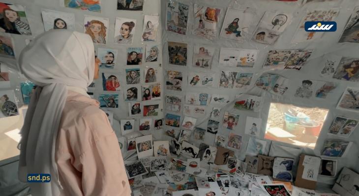 غزة.. رنيم ناصر تحول خيمة نزوحها إلى معرض فني يوثق أهوال الحرب.jpg