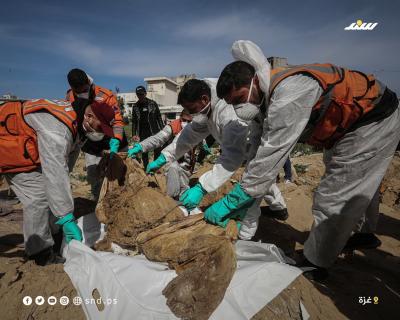 انتشال جثامين عدد من الشهداء من مقابر جماعية بمستشفى الشفاء لنقلهم للمقابر الرسمية بغزة 7.jpg