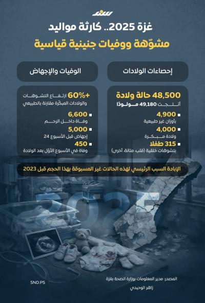انفوجرافيك.. غزة 2025.. كارثة مواليد مشوّهة ووفيات جنينية قياسية