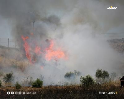 رجال الإطفاء وفلسطينيون يعملون على إخماد حرائق اندلعت في أراضٍ زراعية قرب بلدة حوارة جنوب نابلس2.jpg