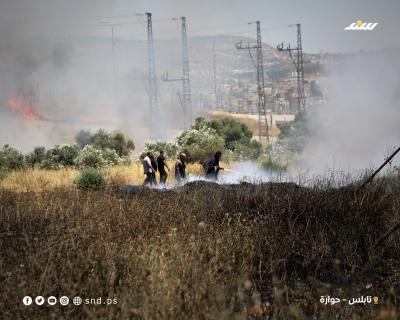 رجال الإطفاء وفلسطينيون يعملون على إخماد حرائق اندلعت في أراضٍ زراعية قرب بلدة حوارة جنوب نابلس3.jpg