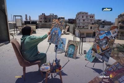 جنى أبو هربيد تُحوّل ركام مرسمها المدمر إلى لوحاتٍ توثّق وجع النازحين بغزة (3).jpg
