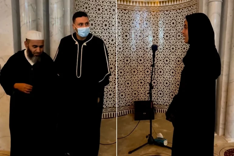 مارين الحيمر أثناء إشهار إسلامها في أحد مساجد فرنسا.webp