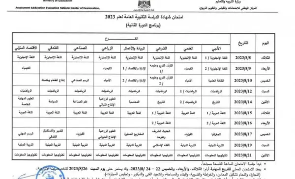 جدول الدورة الثانية لاختبارات الثانوية العامة.png